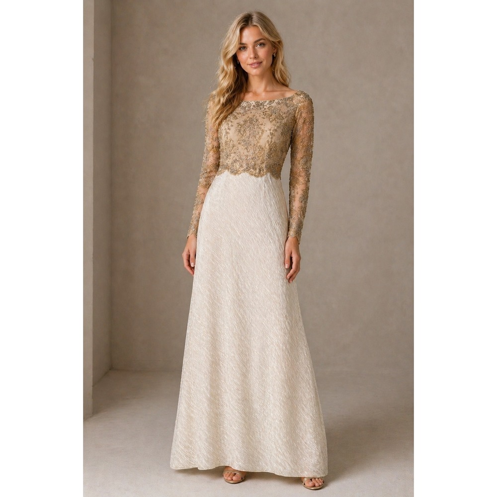 Mary McFadden Gown Womens 6 Gold Ivory Couture Pleated Beaded Lace Long Sleeve